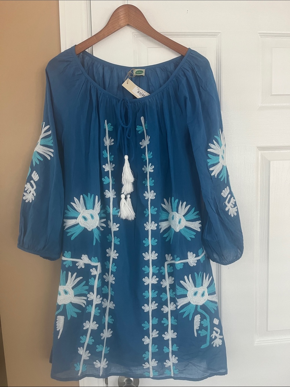 Boho Embroidered Peasant Dress - Blue